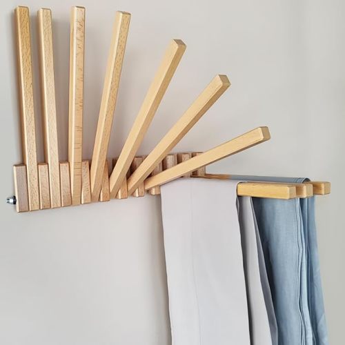 Cinnvoice Beech Wood Wall Mounted Drying Rack for Laundry Room with 10 Mount Folding Coat Hooks Racks Drying Hanger for Clothes Bathroom Hat Towels Robes Rack Saving Space(Wood Color)