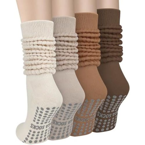 4 Pairs Pilates Grip Scrunch Socks for Women, Long Cotton Non Slip Slouch Yoga Calf Socks Slipper Crew Stockings