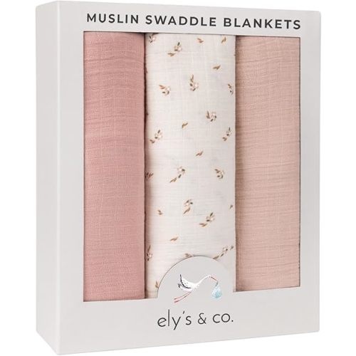 Ely's & Co. Muslin Swaddle Blankets 3-Pack for Baby Girl, 100% Cotton Muslin Extra Large Swaddle Receiving Blankets, 47”x47” (Pink-Cream Floral)