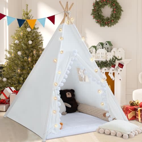 WIRHAO Teepee Tent for Kids with Padded Mat Cotton Canvas Kids Teepee with Pompom for Toddlers Indoor Play Tent for Girls Boys with Stars Lights, Carry Bag, Banner Flag (Snowman)
