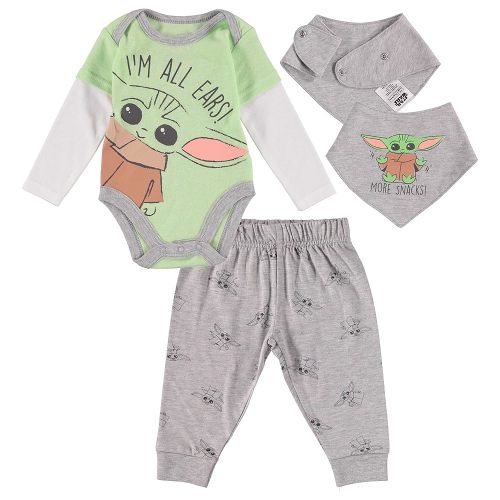 STAR WARS Baby Yoda Boys' 3 Piece Long Sleeve Bodysuit Pull-on Pants and Accessory