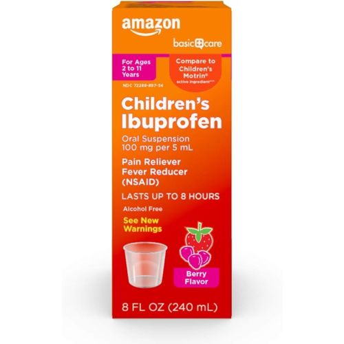 Amazon Basic Care Children's Ibuprofen Oral Suspension, 100 mg per 5 mL, Pain Reliever and Fever Reducer, Berry Flavor, For Sore Throat, Headache Relief and More, 8 fl oz (Pack of 1)