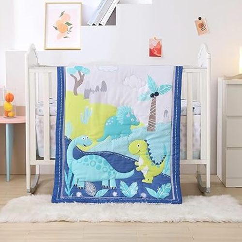 Dinosaur Crib Bedding Set for Boys Blue, Premium 3-Piece Baby Bedding Set, Nursery Crib Set, Newborn, Infant & Toddler Nursery Bed Set, Blue Dinosaur