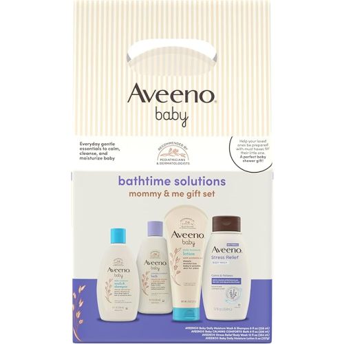 Aveeno Baby Bathtime Solutions Mommy & Me Gift Set, Baby Wash & Shampoo, Calming Bath, Daily Moisturizing Lotion and Stress Relief Body Wash for Mom, Colloidal Oat, Baby Bath Essentials, 4 items