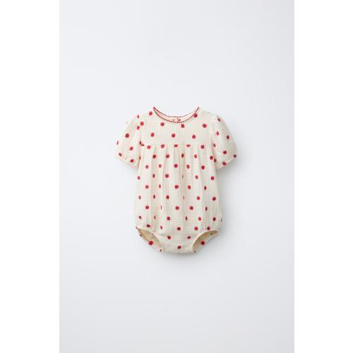 EMBROIDERED FLORAL ROMPER - Ecru / Red | ZARA United States