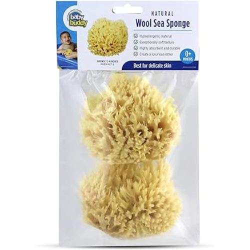 Baby Buddy Absorbent Natural Bath Sponge, Ultra Soft Premium Sea Wool Sponge, Soft on Baby’s Tender Skin, Bath Accessories Baby and Kids, Infant Bath, Biodegradable, Hypoallergenic, 2pk, 4in