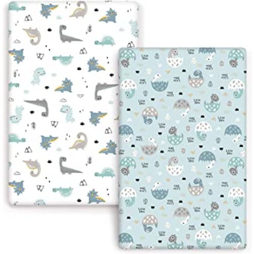 GRSSDER Stretchy Ultra Soft Jersey Knit Fitted Pack n Play Sheets Set 2 Pack, Portable/Mini Cribs Sheets, Happy Dinosaurs for Girls and Boys