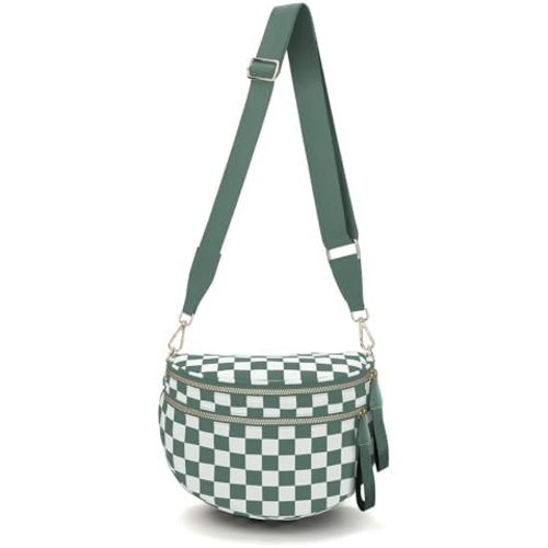 Checkered Crossbody Bum Bags for Women, Spacious Nylon Sling Bag Fanny Pack witn Adjustable Shoulder Strap Belt Bag (Green-Checkered)