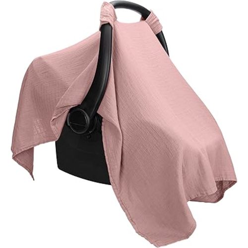 Comfy Cubs Baby Car Seat Cover - Soft, Breathable Bamboo Rayon and Muslin Cotton Blend - Lightweight Canopy for Sun, Bug, and Comfort Protection - Large Size Infant Seat Cover in Mauve Design