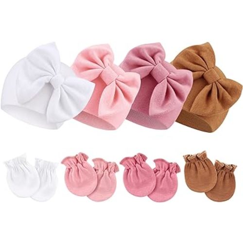 Newborn Baby Hats and Mittens Set Infant Bow Beanie Cap Toddler Gloves Newborn Hospital Hats for Baby Boy Girl 0-6 Months