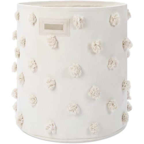 Beige 17.5" D x 20.8" H Pom Pom Basket Bin Large Cotton Canvas Laundry Hamper Baby Girl Laundry Basket Storage, Baby Nursery Hamper for Nursery Playroom Home Room Organizer Decor