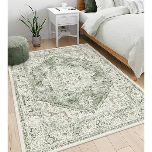 LIVEBOX Washable Area Rug 5x7 - Large Vintage Tribal Living Room Rug Vintage Non-Slip Indoor Rugs for Bedroom, Low-Pile Retro Carpet Print Distressed Accent Rugs for Nursery Entryway Office, Sage
