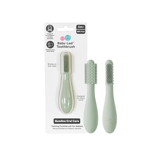 ezpz Baby-Led Toothbrush (Sage) - 3 Months + - 100% Silicone Infant Toothbrush with Sensory Bumps - Cleans Gums + New Teeth - Improves Hand-to-Mouth Coordination, Self-Feeding Skills
