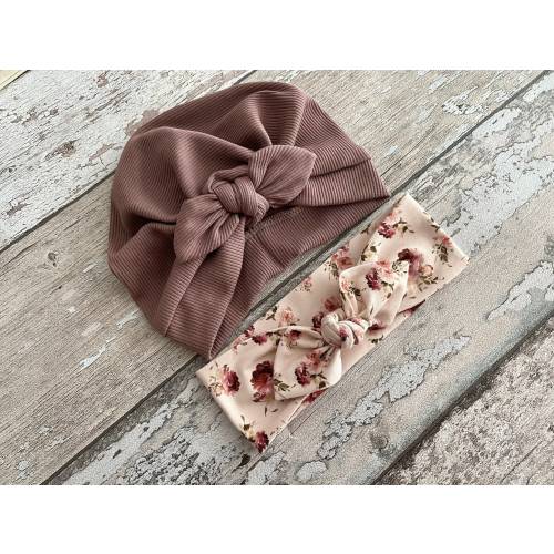 Mauve Turban Hat with bow, Newborn baby hat, Turban Hat and floral headband set