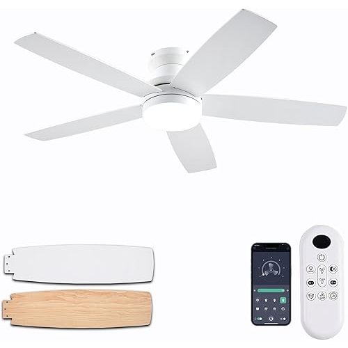 White Ceiling Fans with Lights, 48Inch Low Profile Ceiling Fan with Light and Remote/App Control, Flush Mount, Reversible, 3CCT, Dimmable, Noiseless, Modern Ceiling Fan for Indoor/Outdoor Patios
