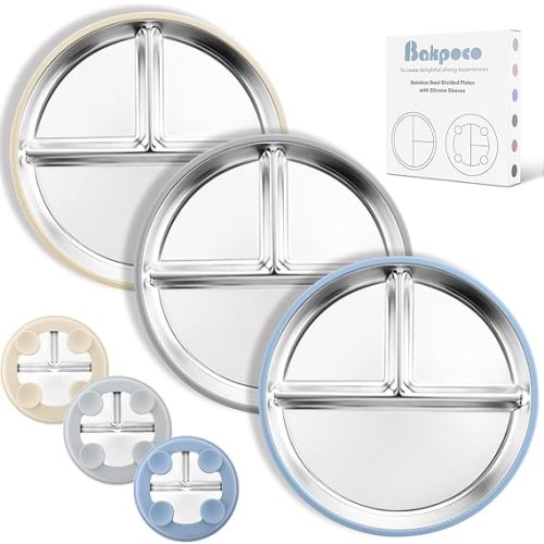 Stainless Steel Suction Plates for Toddlers, 9" Divided Kids Baby Plates with Removable Silicone Suction, Non Toxic Non Slip Portion Control Snack Dishes 3 Packs, Blue Gray Beige