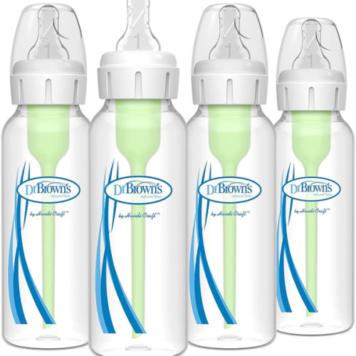 Dr. Brown's Natural Flow Anti-Colic Options+ Narrow Baby Bottle, 8 oz/250 mL, with Level 1 Slow Flow Nipples, 0m+, 4 Pack