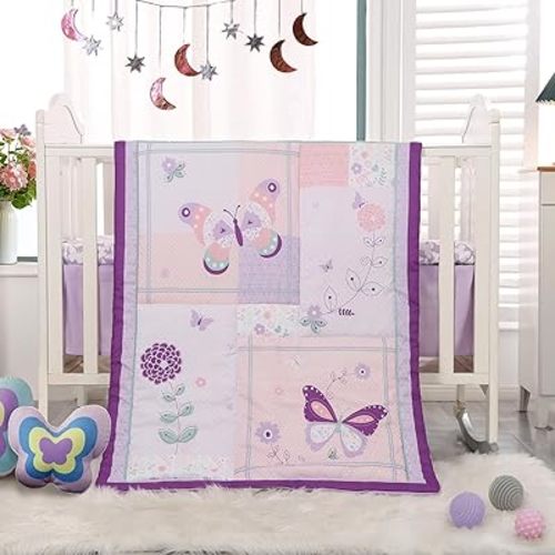 Wowelife Mini Girl Crib Bedding Set, Butterfly Baby Girl Nursery Bedding Set, Premium Purple Baby Bed Bedding Set, Baby Girl Cot Bed Set Include Quilted Comforter, Crib Skirt and Sheet, Purple