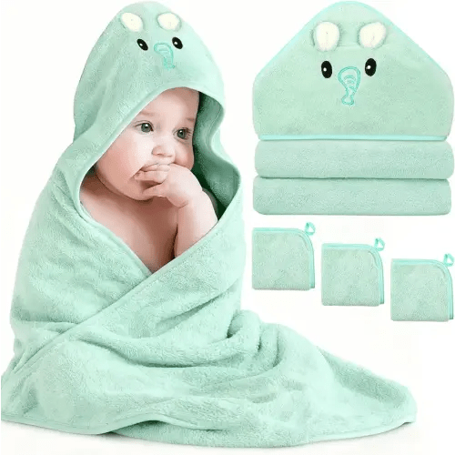4 PCS Baby Towel Set, Hooded Bath Towel for Infants, Toddlers and Kids, Soft Animal Baby Bath Towels & 3 PCS Washcloths, 32x32 in Hooded Baby Bath Towel for Boy and Girl (Green Elephant)