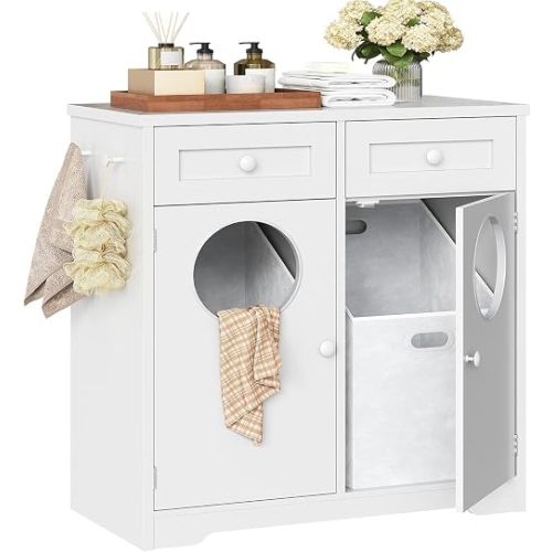 HOOBRO Double Laundry Hamper Cabinet, Hidden Laundry Cabinet with 2 Drawers & 2 Baskets, 20 Gallon Farmhouse Bathroom Laundry Hamper with 2 Clothes-Toss Holes, White WT36XY01