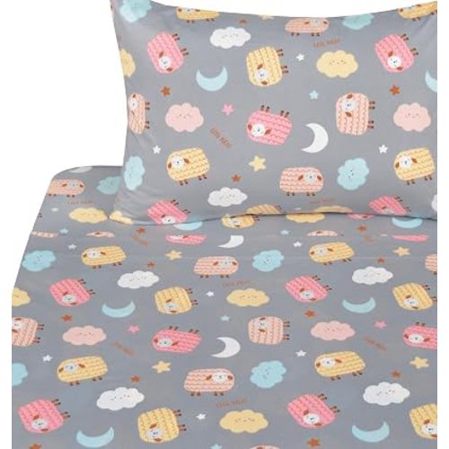 J-pinno Sheeps Cloud Moon Night Sleepy Sweet Dream Cute Cartoon 100% Cotton 3 Pieces Twin Sheet Set for Kids Girls Boys Children Flat Sheet + Fitted Sheet + Pillowcase Bedding Decoration Gift Set