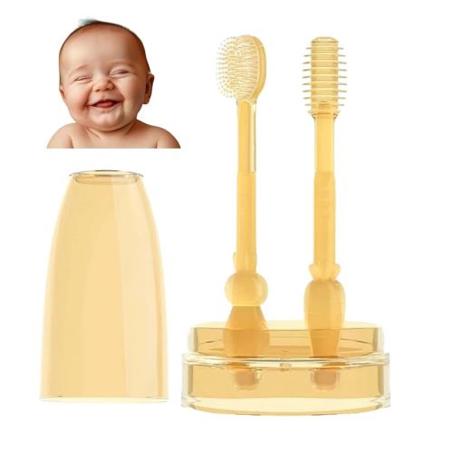 Baby Tooth Brush, Infant Toothbrush 6 to 12 Months, Silicone Toothbrush, Newborn Tongue Cleaner, Amber
