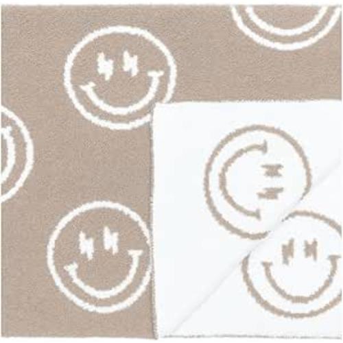L+L USA Smiley Face with Lightning Bolt Eyes Baby Blanket 28"x40" - DreamSoft Throw for Crib, Stroller or Car Seat Blanket/Newborn Nursery Gift for Toddler, Infant, Kids, Boys & Girls (Tan/White)