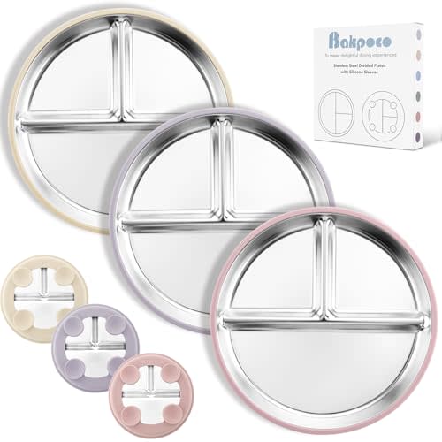 Bakpoco Stainless Steel Suction Plates for Toddlers, 9" Divided Kids Baby Plates with Removable Silicone Suction, Non Toxic Non Slip Portion Control Snack Dishes 3 Packs, Pink Beige Lilac