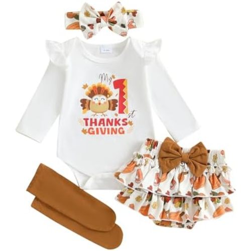 Baby Girl Thanksgiving Outfits 1st Letter Romper+Tutu Bloomer Shorts+Headband Newborn First Holiday Baby Outfits
