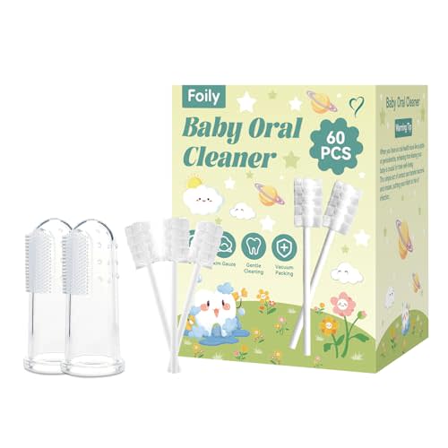60-Pack Baby Tongue Cleaner Gauze with 2 Finger Toothbrush– Gentle Newborn Oral Care, Disposable Toddler Tooth Brush for 0-24 Months Tooth Mouth Gum Clean (Square Style)