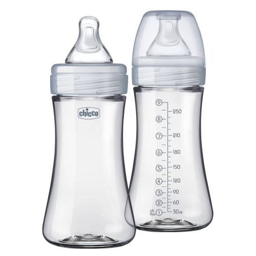 Chicco 2pk Duo Hybrid Baby Bottle with Invinci-Glass Inside/Plastic Outside with Slow Flow Anti-Colic Nipple - Clear/Gray - 9oz