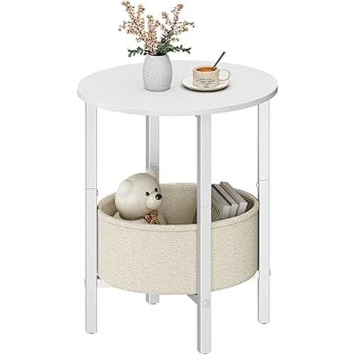 Vagusicc Round Side Table End Table with Storage Basket, Small Side Table Round Nightstand for Small Spaces, Tall Oval End Table with Steel Frame, Coffee Bedside Table for Living Room Bedroom, White