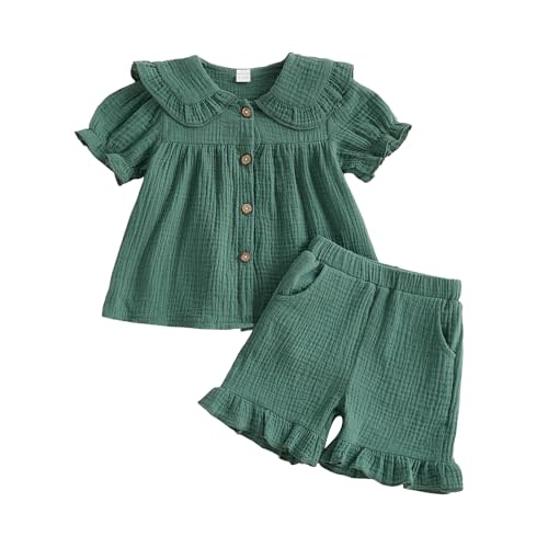 Gueuusu Toddler Girls Linen Outfit Peter Pan Short Sleeve Button Up Shirt Ruffle Shorts Set Beach Baptism Photoshoot Outfit