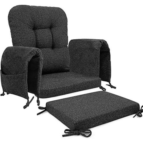 SINOSSO Glider Rocker Cushion Set (5 Pcs), Soft Blended Fabric High-Density Support Foam Seat Cushions with Ties, Fits Rocking Chair/Nursery Glider & Ottoman, Black-Gray