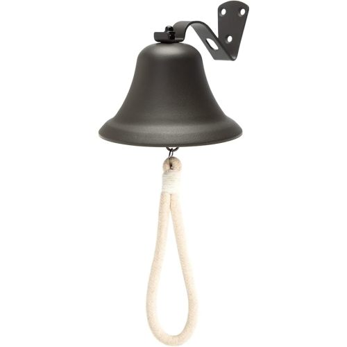 Black Hanging Dinner Bell with Outdoor Mount, Indoor Use, Nautical/Door/Church Design, Rope Included