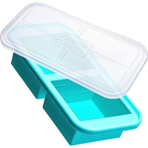 Souper Cubes 2 Cup Silicone Freezer Tray with Lid, Perfect for Storing Lasagna, Leftovers, Sauces, Portioned Meals and More, Silicone Freezer Mold for Meal Prepping - Aqua - 1-Pack