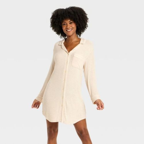 Women's Cozy Ribbed Notch Collar Pajama Gown - Auden™ Oat S