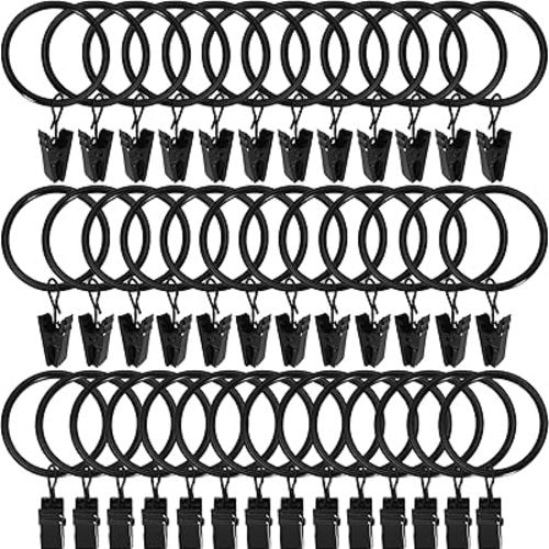 44 Pack Black Curtain Rings with Clips, Curtain Hooks Hangers Clip Rings for Hanging Drapes Bows Hat, Drapery Rings 1 in I D, Fits up to 5/8 in Diameter Curtain Rod.