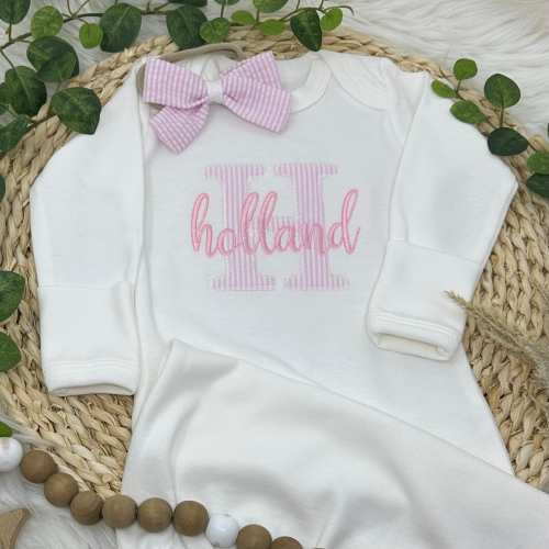 Coming Home Outfit Baby Girl  Newborn Girl Clothes Pink Seersucker Girl Outfit Personalized Baby Girl Outfit Baby Girl sleeper Footie