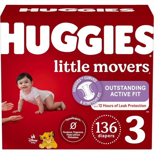 Huggies Size 3 Diapers, Little Movers Baby Diapers, Size 3 (16-28 lbs), 136 Count, Packaging May Vary