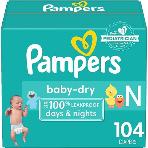 Pampers Baby Dry Diapers Newborn - Size 0, 104 Count, Absorbent Disposable Diapers