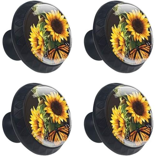 4 Pcs Cabinet Knobs Sunflower and Butterfly Dresser Drawer Pulls Round Glass Cupboard Wardrobe Furniture Handles with Screws for Home Office 35mm (1-3/8 Inches)