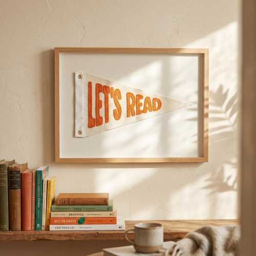 Hand-Embroidered "Let's Read" Pennant | Personalized Vintage Reading Sign Flag | Kids' Homeschool Wall Art | Inspirational Nursery