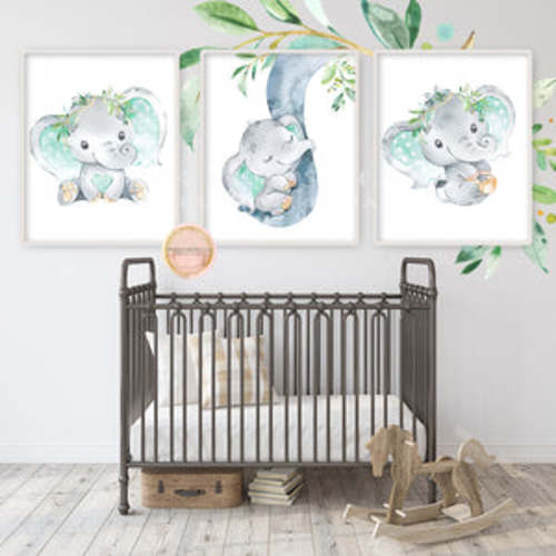 3 Mint Elephant Wall Art Print Nursery Baby Boy Girl Gender Neutral Ro – Pink Forest Cafe