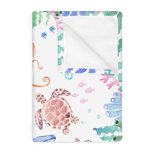 Colorful Ocean Animals Baby Blankets for Boy Girl Whale Turtle Jellyfish Sea Horse Corals Soft Flannel Nursery Bed Blankets for Infant Toddler Crib Summer Marine Swaddle Receiving Blanket 30x40inch