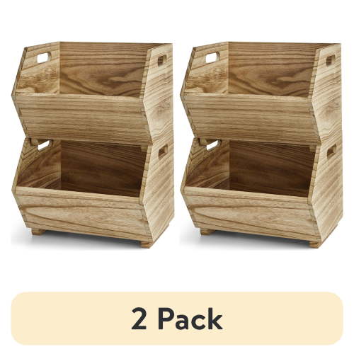 (2 pack) Better Homes & Gardens 2-Piece Set Natural Wood Stacking Open Front Decorative Storage Bins, 11 in x 16.5 in x 10 in