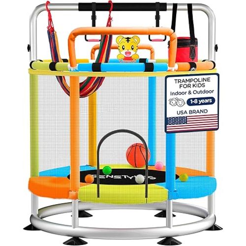 Trampoline for Kids with Safety Enclosure Indoor and Outdoor Toddler Trampoline for Kids Anti Rollover Round Base Double Safety Handles 440 lbs Capacity ASTM Tested Easy Assembly Gift