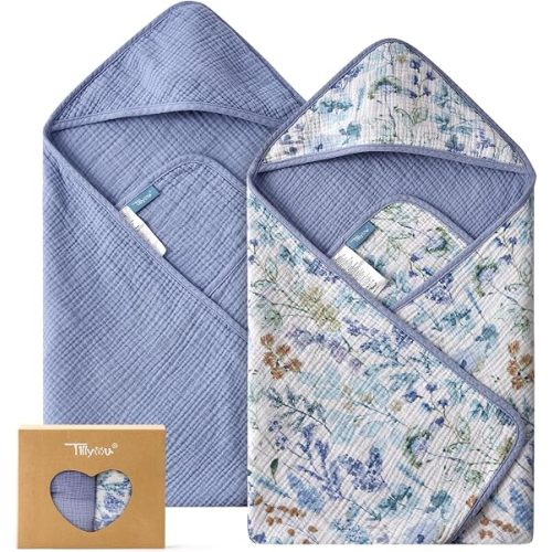 Muslin Hooded Baby Towels for Newborn 2 Pack, 32x32Inch Soft Baby Bath Towel Highly Absorbent for Newborn and Infant, Essential for Newborn Care, Blue Flower