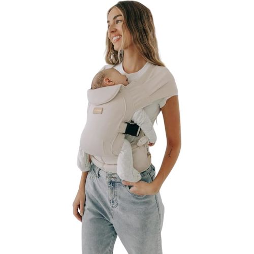 Tushbaby Pearl Wrap Carrier – Ergonomic Wrap for Newborns 8-20 lbs – Hands-Free Baby Carrier with Storage, Bottle Holder & Wipe Attachment – Soft, Breathable Fabric & Adjustable Fit - Cream