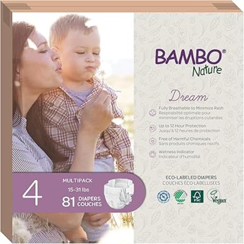 Bambo Nature Hypoallergenic Dream Baby Diapers, Premium Eco-Labeled Sustainable Diapers, Enhanced Leakage Protection, Totally Chlorine-free, Skin Friendly, and Super Absorbent - Size 4 (81 Count)